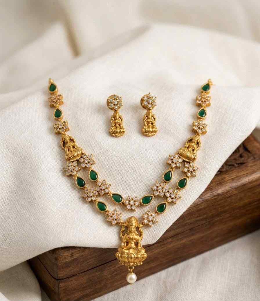 Mahalakshmi Flower Green Stone Necklace